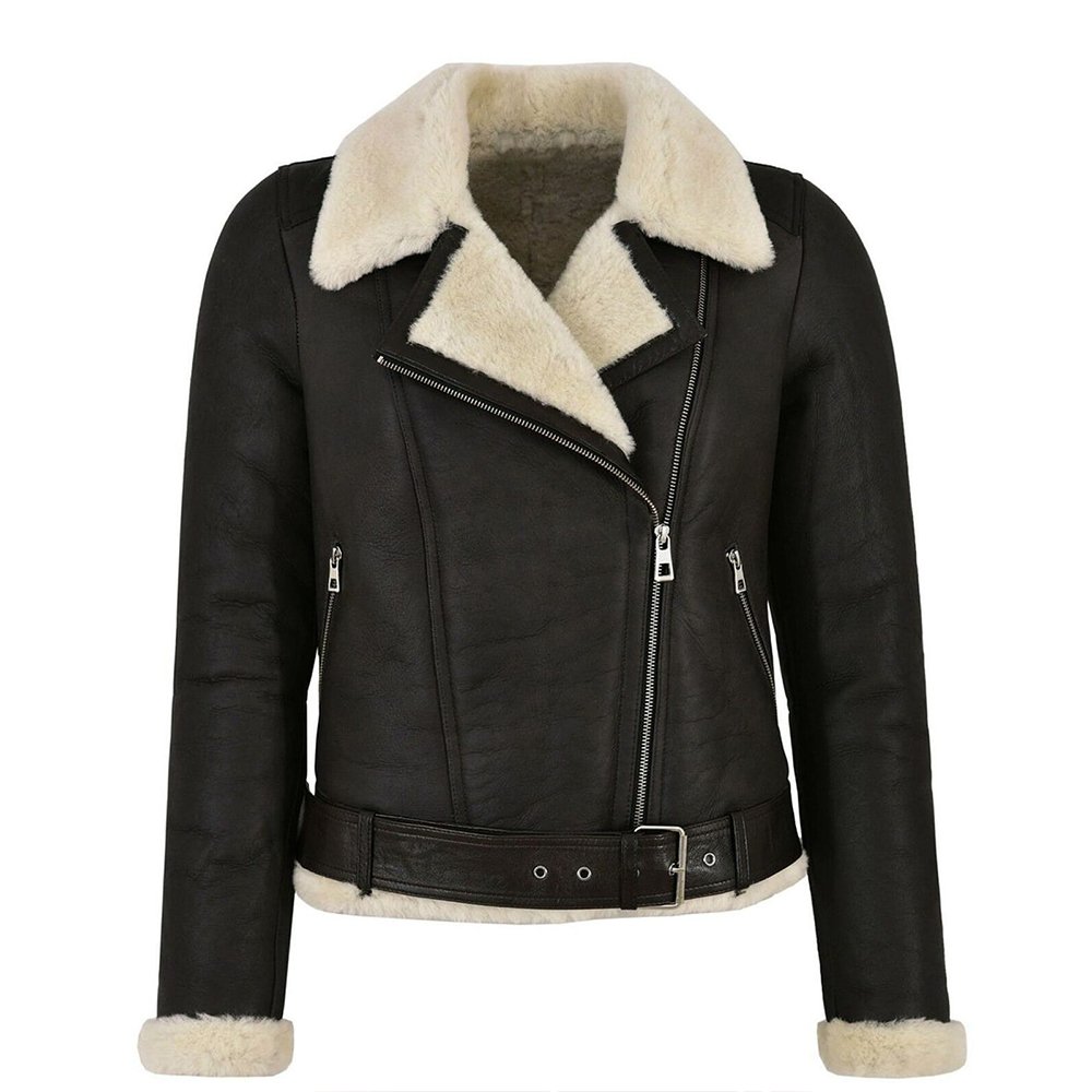 S48 Neve Nera — Women's Jet Black Genuine Suede Leather Slim Fit Asymmetric Diagonal Zip Belted Moto Biker Jacket with Cream Ivory Thick Sherpa Shearling Fur Lapel Collar Cuffs Hem Lining Silver-Tone Zip Luxe Winter Chic Outerwear - Image 1
