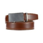 Cortveld — Men's Warm Cognac Tan Genuine Leather Gunmetal Auto-Ratchet Plate-Buckle Contrast-Stitch Edge Refined Business Belt
