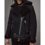 Oscura — Women's Jet Black Genuine Suede Leather Oversized Asymmetric Zip Moto Biker Jacket with Black Sherpa Shearling Fur Collar Cuffs Lining All-Black Tonal Edgy Luxe Winter Street Style Outerwear - Image 4
