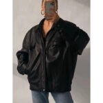 Maxi Nero — Women's Jet Black Genuine Soft Lambskin Leather Oversized Relaxed Fit Zip-Up Bomber Jacket with Chest Patch Pocket Point Collar Drop Shoulder 90s Vintage Retro Casual Street Style Outerwear