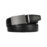 Veldcroft — Men's Jet Black Genuine Leather Gunmetal Auto-Ratchet Plate-Buckle Smooth-Edge Sleek Executive Business Belt