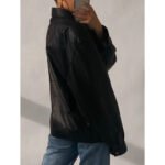 Maxi Nero — Women's Jet Black Genuine Soft Lambskin Leather Oversized Relaxed Fit Zip-Up Bomber Jacket with Chest Patch Pocket Point Collar Drop Shoulder 90s Vintage Retro Casual Street Style Outerwear - Image 2