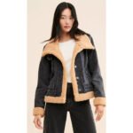Morbida — Women's Washed Black Genuine Denim Trucker Jacket with Contrast Cream Beige Thick Sherpa Shearling Fur Collar Cuffs Lining Zip-Up Cozy Casual Chic Winter Street Style Everyday Outerwear
