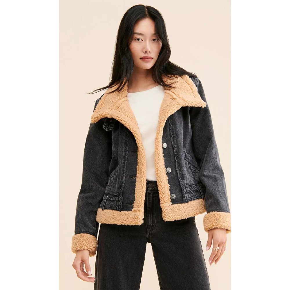 S9 Morbida — Women's Washed Black Genuine Denim Trucker Jacket with Contrast Cream Beige Thick Sherpa Shearling Fur Collar Cuffs Lining Zip-Up Cozy Casual Chic Winter Street Style Everyday Outerwear - Image 1