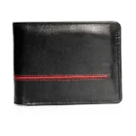 Lineazzo — Men's Jet Black Genuine Smooth Leather Red Stripe Accent Bifold Slim Card Wallet