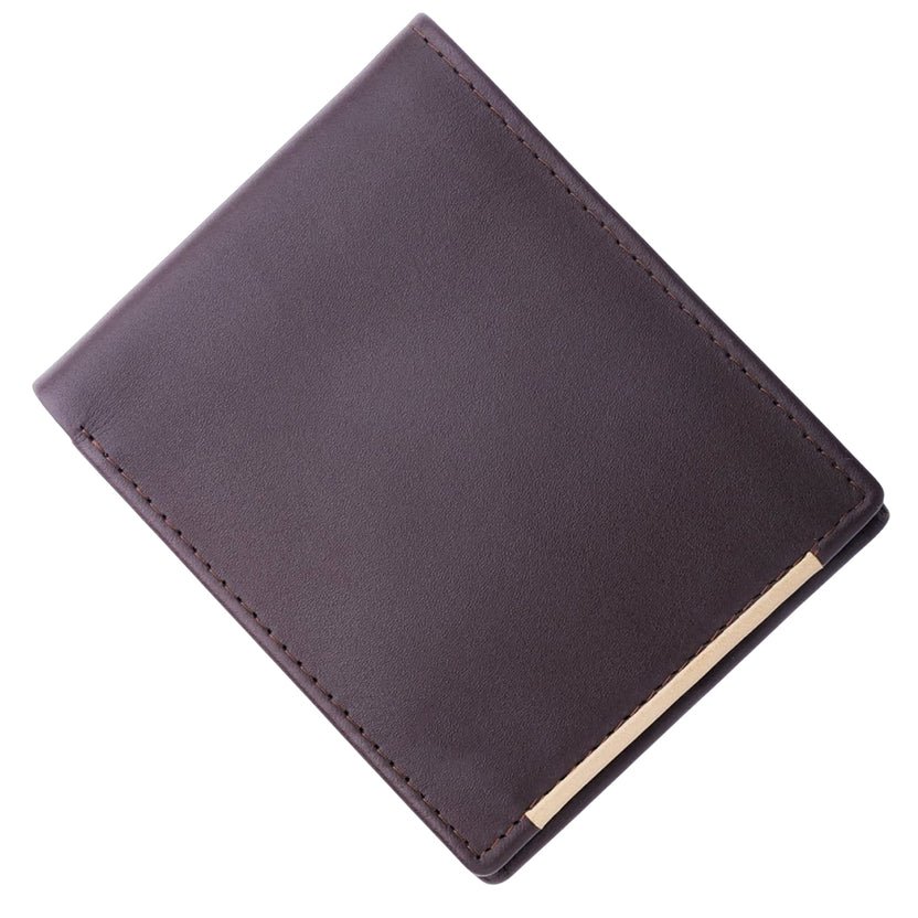 W12 Doratozzo — Men's Deep Espresso Brown Genuine Smooth Leather Gold-Tone Bar Accent Bifold Card Wallet - Image 1
