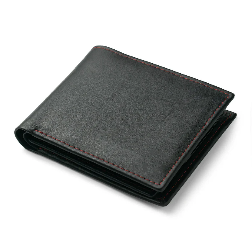 W16 Filorossozzo — Men's Jet Black Genuine Smooth Leather Red Contrast Stitch Classic Bifold Card Wallet - Image 1