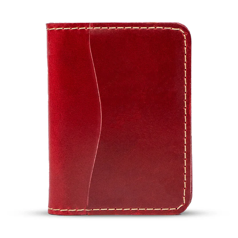 W26 Rossazzo — Men's Vibrant Cherry Red Genuine Polished Leather Saddle Stitch Slim Compact Bifold Card Wallet - Image 1