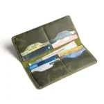 Muschiazzo — Men's Distressed Olive Green Genuine Crazy-Horse Leather Saddle Stitch Slim Long Bifold Clutch Wallet - Image 2