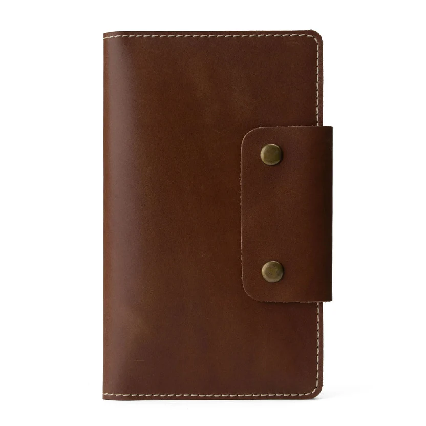 W28 Bottonezzo — Men's Rich Chestnut Brown Genuine Full-Grain Leather Antique Brass Snap Closure Slim Long Bifold Clutch Wallet - Image 1