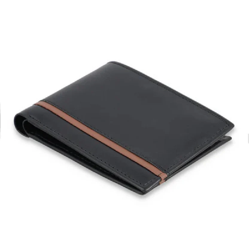 W31 Strisciazzo — Men's Jet Black & Tan Genuine Smooth Leather Contrast Stripe Accent Classic Bifold Card Wallet - Image 1