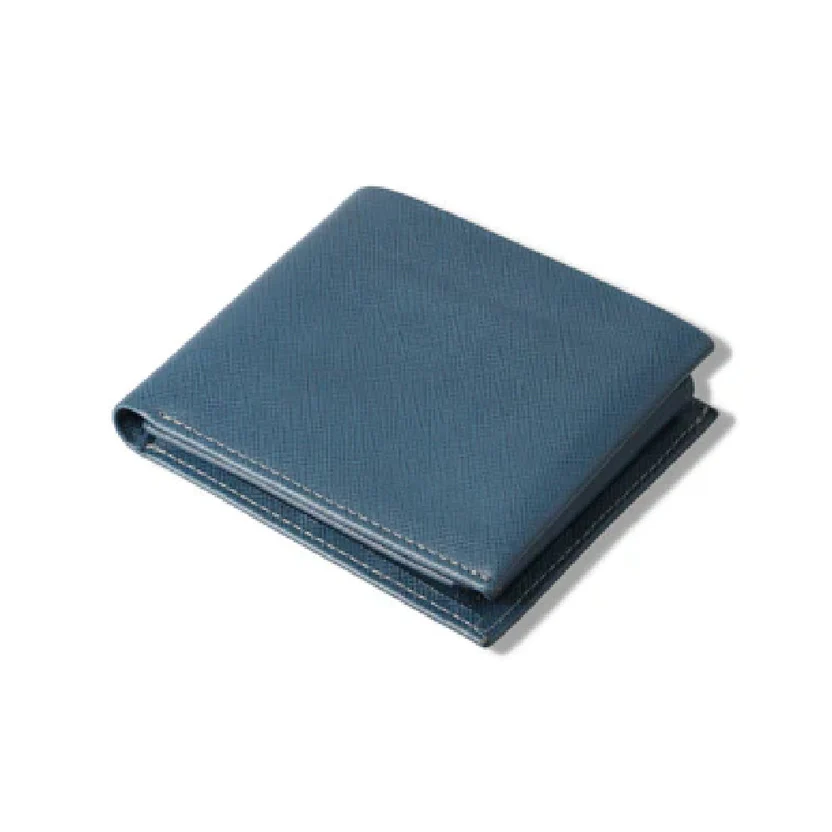 W34 Azzurrozzo — Men's Steel Blue Genuine Saffiano-Grain Leather Ultra-Slim Classic Bifold Card Wallet - Image 1