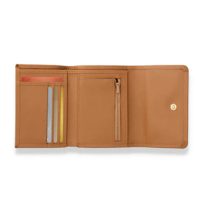 W36 Trifogliozzo — Women's Warm Camel Tan Genuine Smooth Leather Multi-Slot Zip Pocket Trifold Compact Card Wallet - Image 1