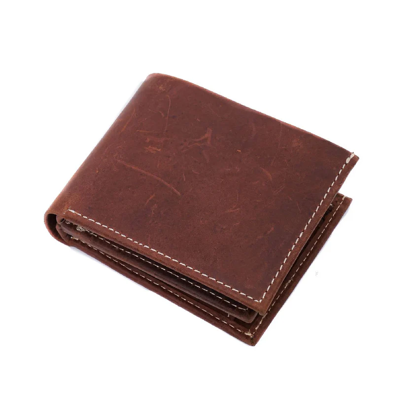 W52 Bruno Vissuto — Men's Rich Medium Brown Cognac Genuine Distressed Hunter Pull-Up Full-Grain Leather Classic Bifold Wallet Contrast Cream Edge Stitch Natural Scratch Patina Mark Throughout Thick Sturdy Structured Profile Soft Rounded Corner Rugged Vintage Everyday Carry Card Cash Pocket Wallet - Image 1