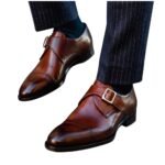 Monavio — Men's Rich Cognac Brown Genuine Leather Single Monk Strap Oxford Smart