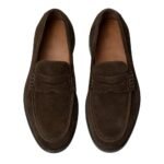 Cioccolato — Men's Dark Chocolate Brown Genuine Suede Penny Loafer Slip-On Smart Casual Dress Shoes with Leather Sole