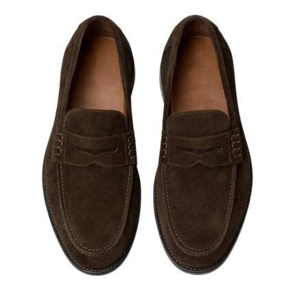 Cioccolato — Men's Dark Chocolate Brown Genuine Suede Penny Loafer Slip-On Smart Casual Dress Shoes with Leather Sole
