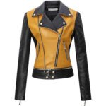 Bicolaro — Women's Bold Amber & Onyx Black Genuine Leather Contrast-Panel Asymmetric-Zip Belted Fashion Biker Jacket