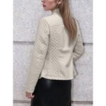 Quilorra — Women's Warm Chalk White Genuine Leather Diamond-Quilted Collarless Open-Front Chic Casual Jacket - Image 2