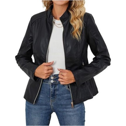 Luxerro — Women's Midnight Black Genuine Leather Band-Collar Full-Zip Clean-Cut Casual Riding Jacket