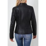 Luxerro — Women's Midnight Black Genuine Leather Band-Collar Full-Zip Clean-Cut Casual Riding Jacket - Image 2