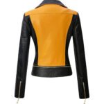 Bicolaro — Women's Bold Amber & Onyx Black Genuine Leather Contrast-Panel Asymmetric-Zip Belted Fashion Biker Jacket - Image 2