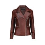 Brunello — Women's Rich Oxblood Mahogany Genuine Leather Notch-Lapel Dual Silver-Zip Sculpted Slim Rider Jacket