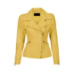Solenzo — Women's Vivid Canary Yellow Genuine Leather Wide-Lapel Multi-Zip Peplum-Cut Fashion Moto Jacket