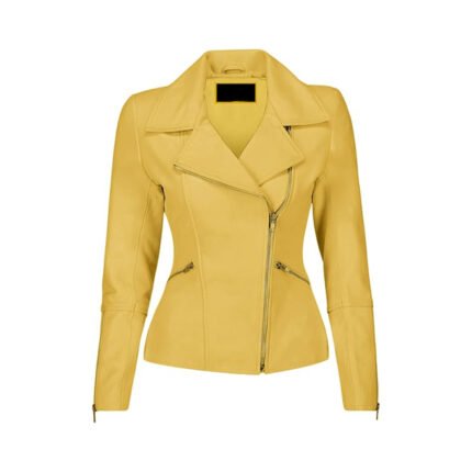 Solenzo — Women's Vivid Canary Yellow Genuine Leather Wide-Lapel Multi-Zip Peplum-Cut Fashion Moto Jacket