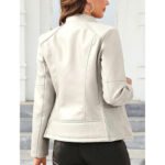 Blancorra — Women's Pristine Ivory White Genuine Leather Mandarin-Collar Side-Zip Clean-Finish Everyday Casual Jacket - Image 2