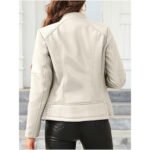 Blancorra — Women's Pristine Ivory White Genuine Leather Mandarin-Collar Side-Zip Clean-Finish Everyday Casual Jacket - Image 3
