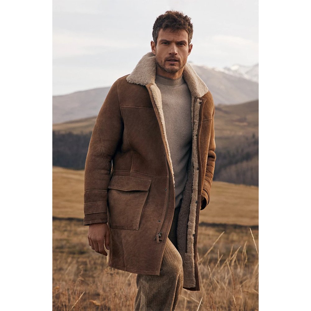 Z1 Brexholm — Men's Rich Cognac Brown Real Shearling Suede Thick-Fleece Interior Wide-Lapel Front-Patch Pocket Warm Longline Winter Coat - Image 1