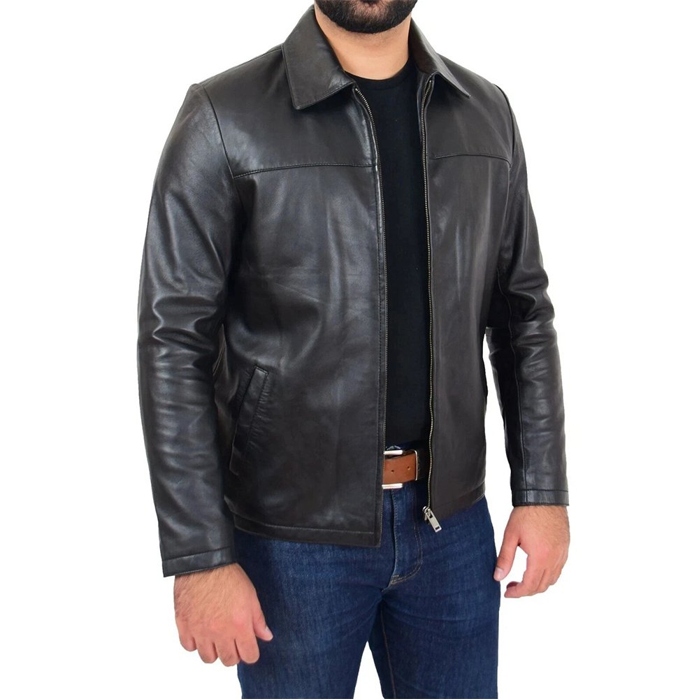 Z10 Dornvex — Men's Jet Black Genuine Soft Lambskin Leather Point-Collar Box-Cut Relaxed-Fit Clean Front-Zip Side-Pocket Timeless Classic Jacket - Image 1