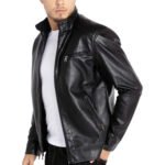 Noir Vantaggio — Men’s Classic Black Genuine Soft Lambskin Leather Slim Fit Stand Collar Moto Biker Jacket with Quilted Shoulder Panels, Chest Zip Pocket & Sleek Street Style Outerwear - Image 3