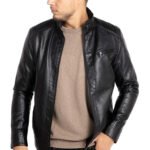 Noir Vantaggio — Men’s Classic Black Genuine Soft Lambskin Leather Slim Fit Stand Collar Moto Biker Jacket with Quilted Shoulder Panels, Chest Zip Pocket & Sleek Street Style Outerwear