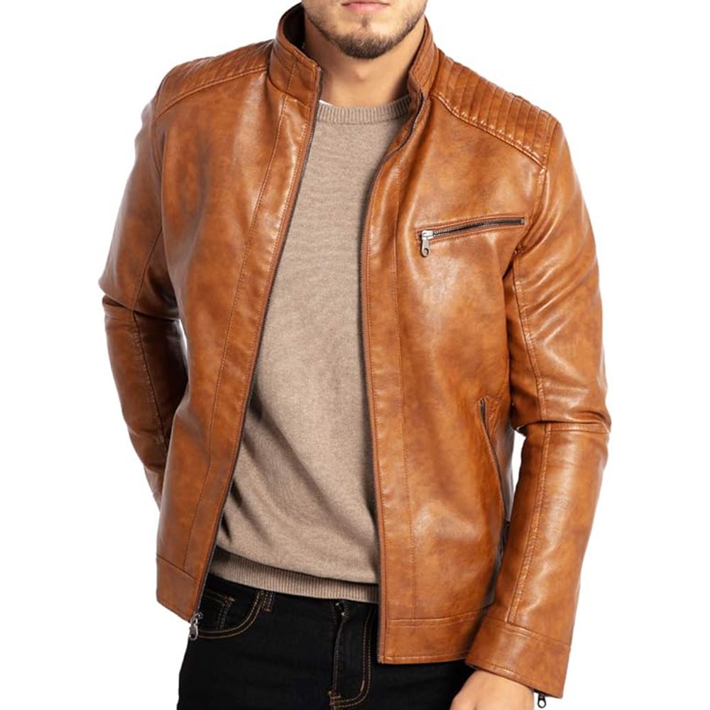 Z15 Cuoio Strada — Men’s Warm Tan Genuine Soft Lambskin Leather Slim Fit Stand Collar Moto Biker Jacket with Quilted Shoulders, Angled Chest Zip & Refined Street Rider Style Outerwear - Image 1