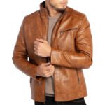 Cuoio Strada — Men’s Warm Tan Genuine Soft Lambskin Leather Slim Fit Stand Collar Moto Biker Jacket with Quilted Shoulders, Angled Chest Zip & Refined Street Rider Style Outerwear - Image 2