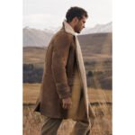 Brexholm — Men's Rich Cognac Brown Real Shearling Suede Thick-Fleece Interior Wide-Lapel Front-Patch Pocket Warm Longline Winter Coat - Image 2