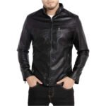 Obsidian Ribelle — Men's Pure Black Genuine Soft Lambskin Leather Slim Fit Asymmetric Diagonal Zip Moto Biker Jacket with Dark Metal Multi-Zip Buckle Strap Epaulette Lapel Collar Bold Street Style Outerwear