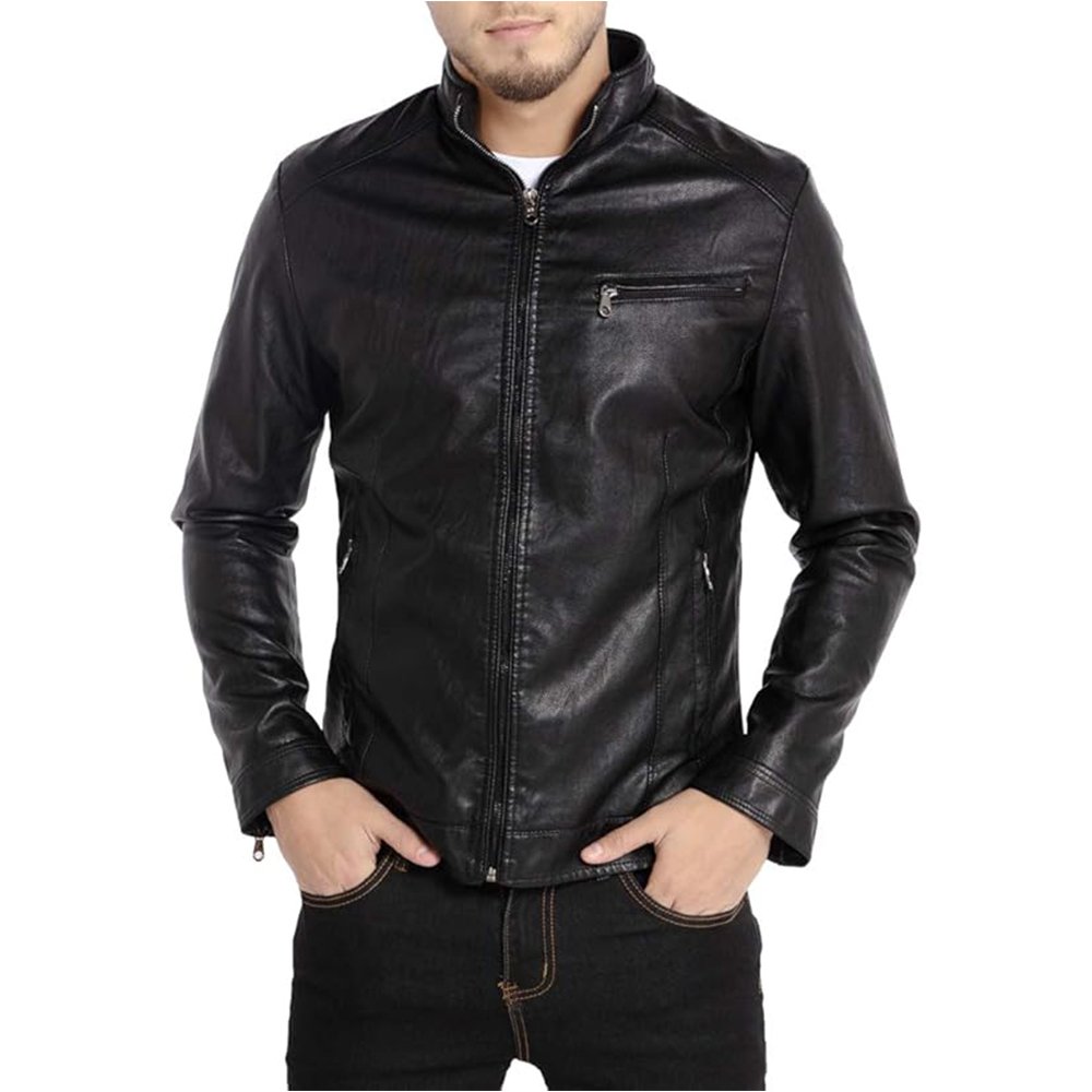 Z20 Obsidian Ribelle — Men's Pure Black Genuine Soft Lambskin Leather Slim Fit Asymmetric Diagonal Zip Moto Biker Jacket with Dark Metal Multi-Zip Buckle Strap Epaulette Lapel Collar Bold Street Style Outerwear - Image 1