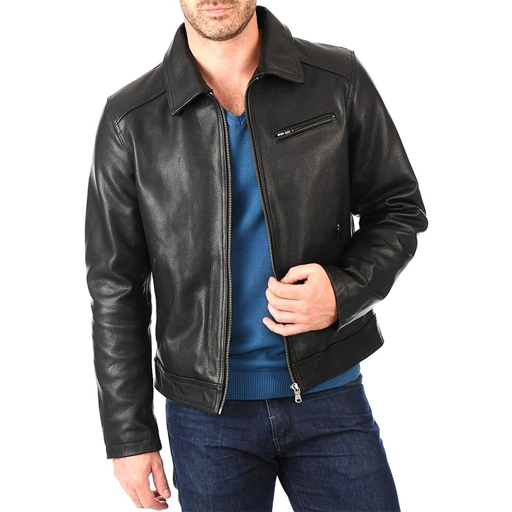 Z4 Grexvorne — Men's Jet Black Genuine Smooth Lambskin Leather Shirt-Collar Classic-Fit Chest-Zip Side-Pocket Clean Minimal Bomber Jacket - Image 1
