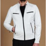 Zelvorne — Men's Crisp White Genuine Soft Lambskin Leather Black-Contrast Zip Slim-Fit Band-Collar Dual Chest-Pocket Sleek Biker Jacket