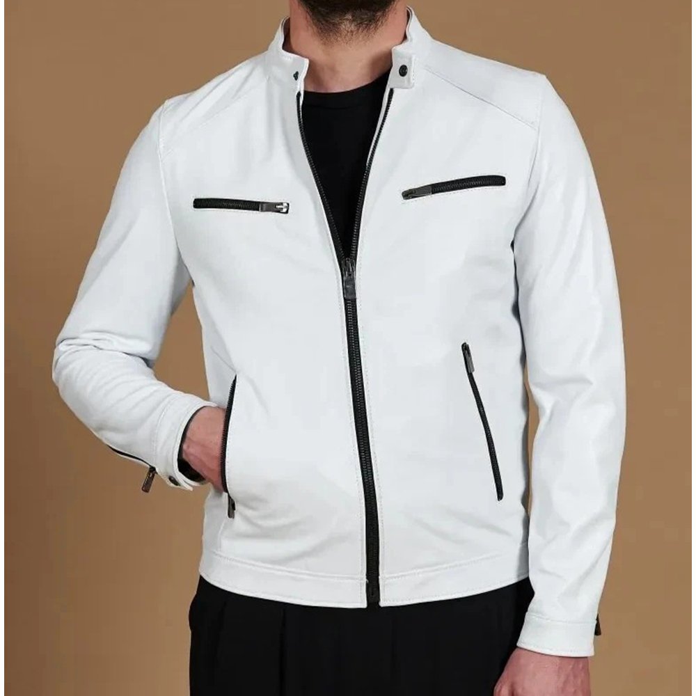 Z6 Zelvorne — Men's Crisp White Genuine Soft Lambskin Leather Black-Contrast Zip Slim-Fit Band-Collar Dual Chest-Pocket Sleek Biker Jacket - Image 1