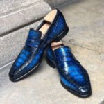 Crocavio — Men's Electric Blue Genuine Crocodile-Embossed Leather Plain Toe Slip-On Loafer Smart