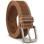 Brustavo — Men's Rugged Saddle Tan Genuine Leather Distressed Double-Edge Stitch Matte Silver-Buckle Workwear Casual Belt