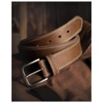 Brustavo — Men's Rugged Saddle Tan Genuine Leather Distressed Double-Edge Stitch Matte Silver-Buckle Workwear Casual Belt - Image 2
