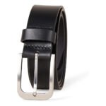Oscurano — Men's Sleek Pitch Black Genuine Leather Smooth-Grain Centre-Stitch Brushed Silver Rectangular-Buckle Smart Formal Belt