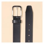 Oscurano — Men's Sleek Pitch Black Genuine Leather Smooth-Grain Centre-Stitch Brushed Silver Rectangular-Buckle Smart Formal Belt - Image 2